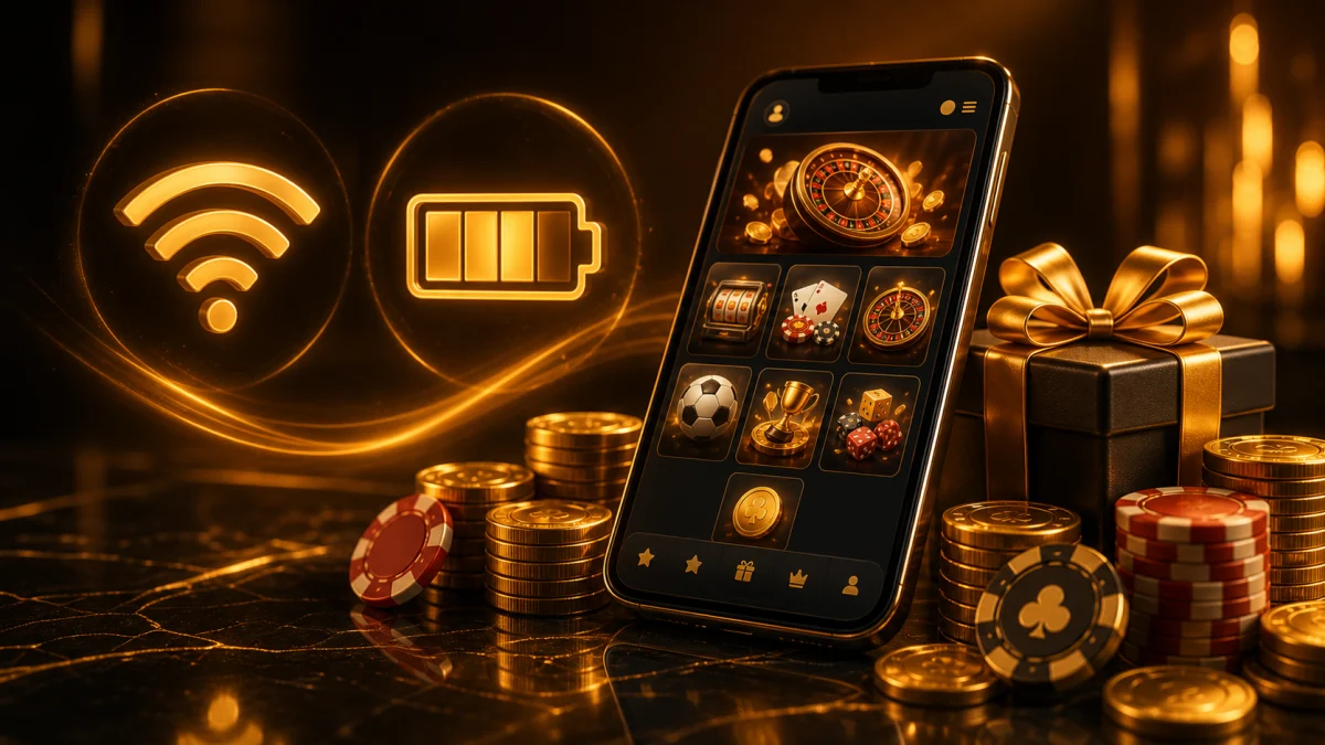 Smartphone em mesa dourada com moedas, fichas e ícones de conexão para experiência mobile fluida