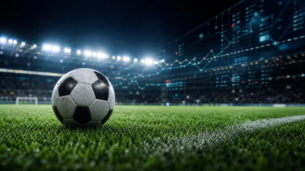 Bola de futebol em estádio com gráficos de apostas esportivas