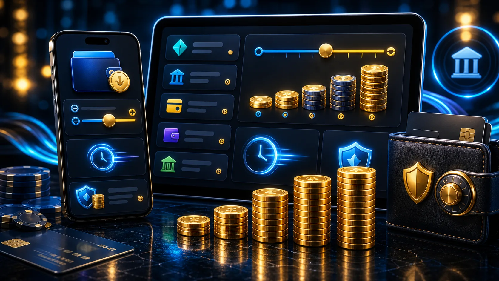 Depósitos e valores com carteira digital, moedas e painel de pagamento