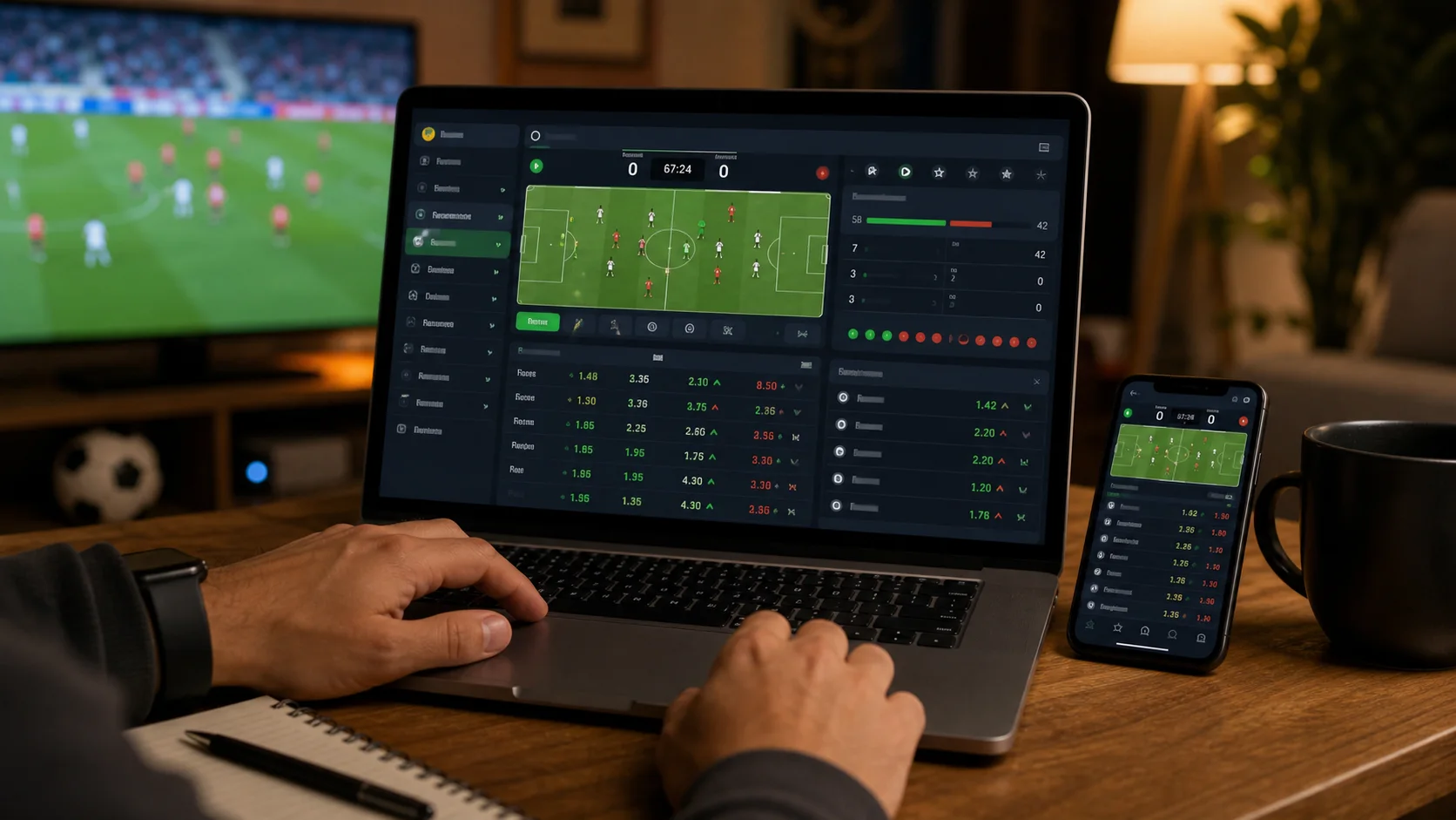 Apostas ao vivo em notebook e celular com odds dinâmicas durante partida de futebol
