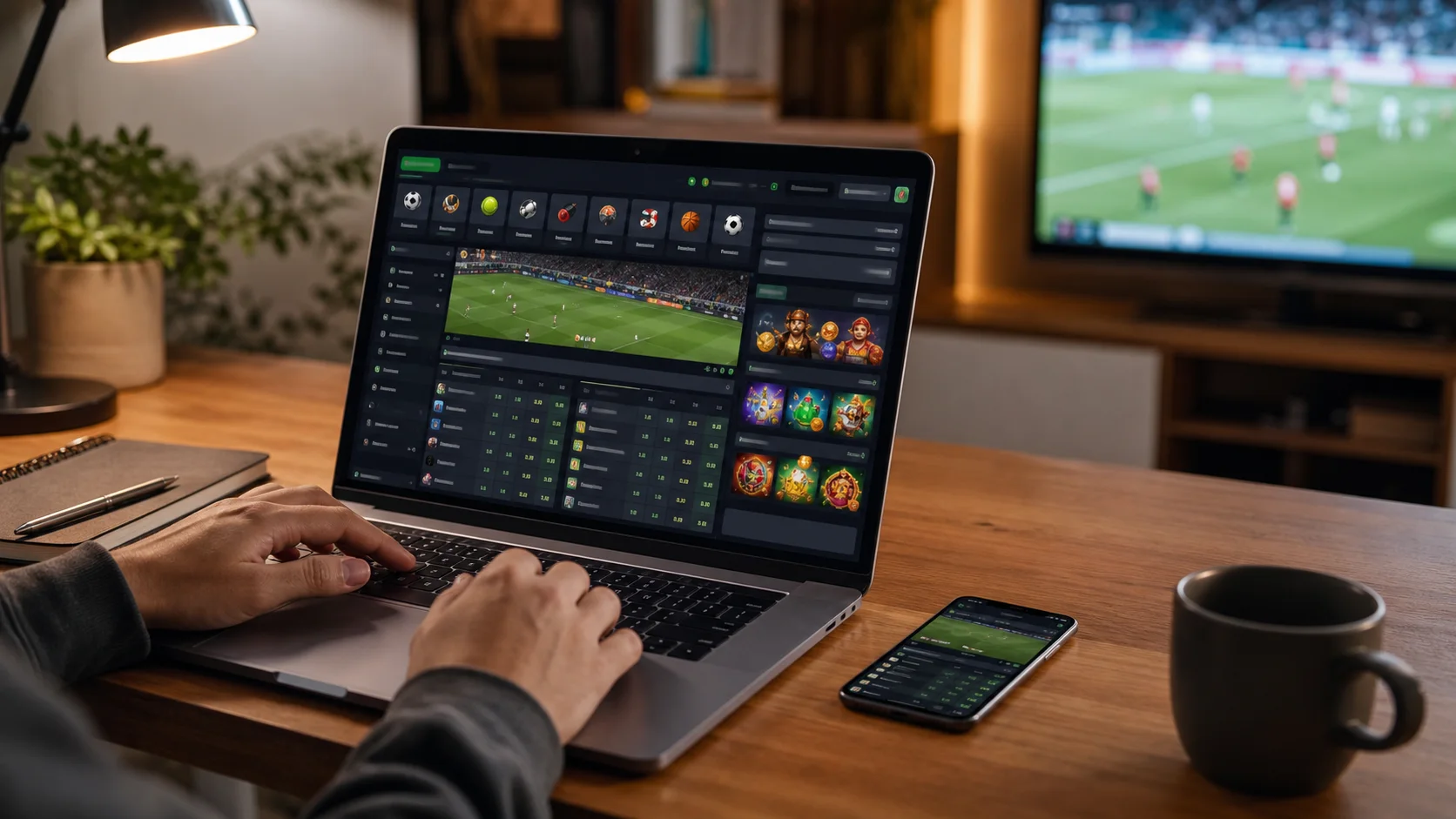 Plataforma 1win em notebook e celular com apostas esportivas e cassino online